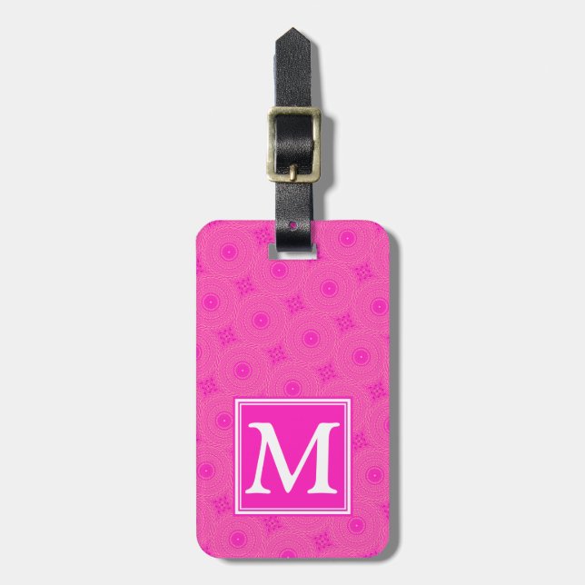 Étiquette À Bagage Monogramme motif rose chaud cercles (Devant Vertical)