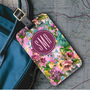 Étiquette À Bagage monogramme motif vintage violet rose
