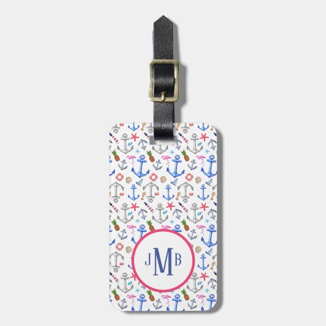Étiquette À Bagage Monogramme nautique Girly de motif de plage d'été (Devant Vertical)