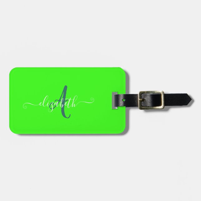 Étiquette À Bagage Monogramme Néon Fluorescent Vert  (Devant horizontal)