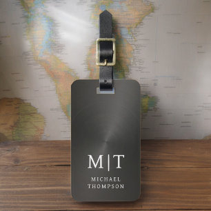 Étiquette À Bagage Monogramme Noir brossé métal élégant