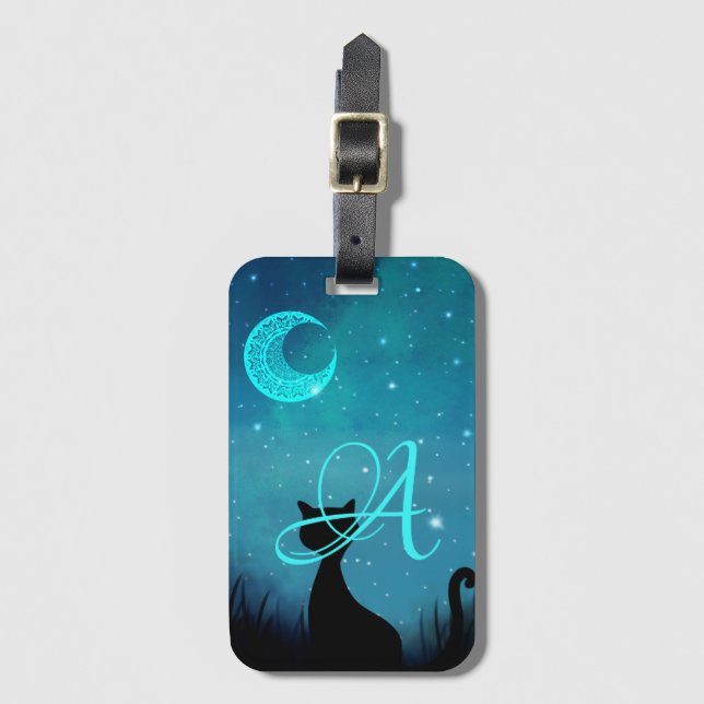 Étiquette À Bagage Monogramme noir chat étoile ciel illustration (Devant Vertical)