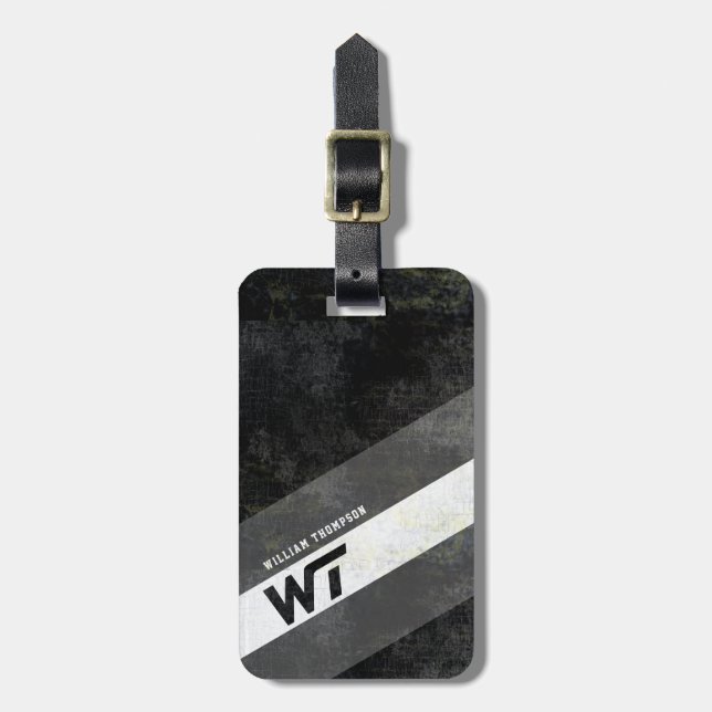 Étiquette À Bagage monogramme noir et blanc avec rayures modernes (Devant Vertical)