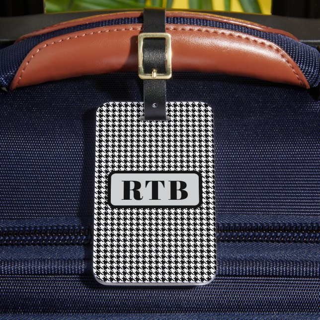 Étiquette À Bagage Monogramme noir et blanc Houndstooth 2 faces avec  (Insitu Rectoal 2)