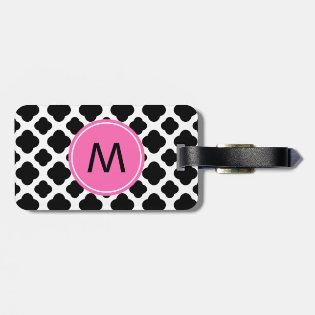 Étiquette À Bagage Monogramme noir et blanc Quatrefoil avec rose chau (Dos horizontal)