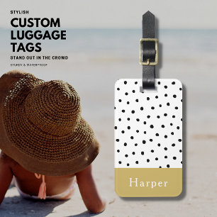 Étiquette À Bagage Monogramme noir et or Polka Dot