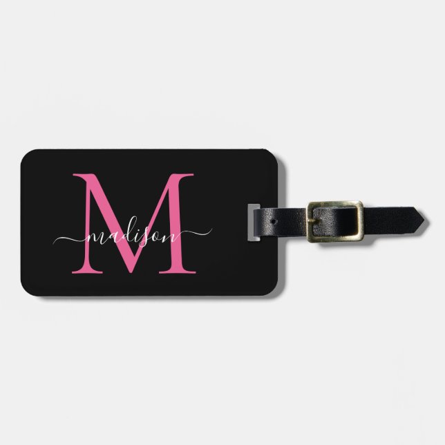 Étiquette À Bagage Monogramme noir Magenta rose Nom du script Style (Devant horizontal)