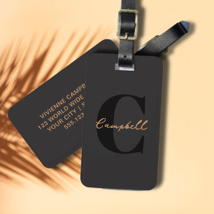 Étiquette À Bagage Monogramme Noir Or Moderne Minimaliste Élégant