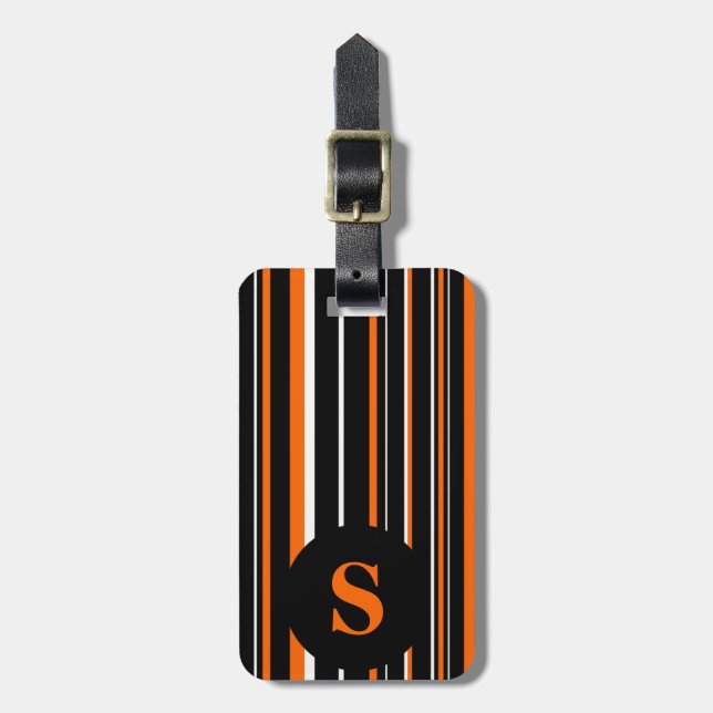 Étiquette À Bagage Monogramme noir, orange, cercle rayé code-barres (Devant Vertical)