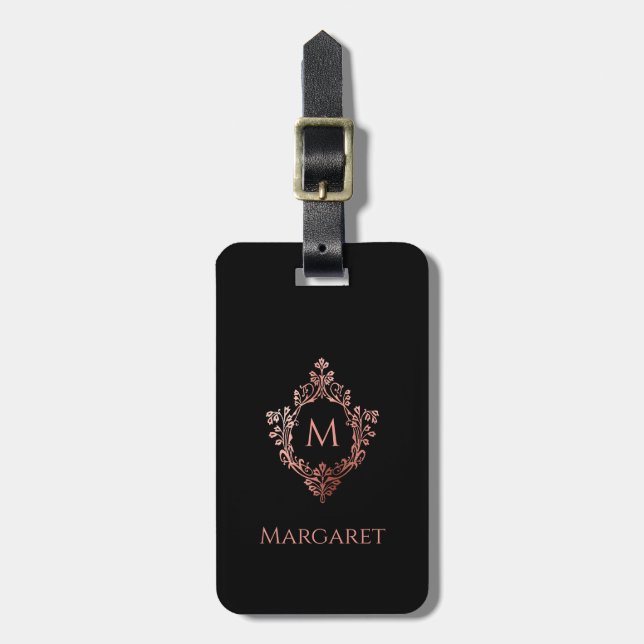Étiquette À Bagage Monogramme Noir Rose Initiale & Blason Élégant Orn (Devant Vertical)