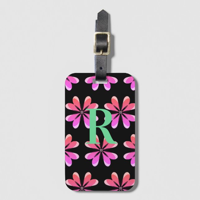 Étiquette À Bagage Monogramme noir rose rétro floral (Devant Vertical)