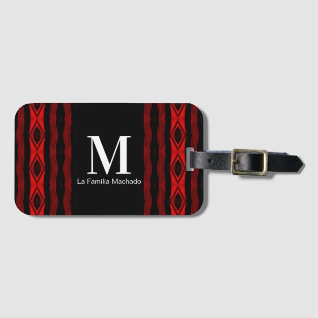 Étiquette À Bagage Monogramme noir rouge à bande verticale Motif diam (Devant Horizontal)