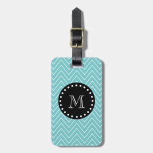 Étiquette À Bagage Monogramme noir turquoise du motif   de Chevron
