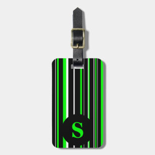 Étiquette À Bagage Monogramme noir, vert citron, rayure de cercle de