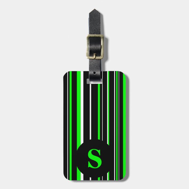 Étiquette À Bagage Monogramme noir, vert citron, rayure de cercle de  (Devant Vertical)