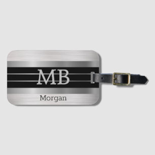 Étiquette À Bagage Monogramme/Nom DIY Bk/Rayures Argentées Argent Bro
