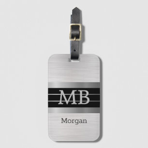 Étiquette À Bagage Monogramme/Nom DIY Bk/Rayures Argentées Argent Bro