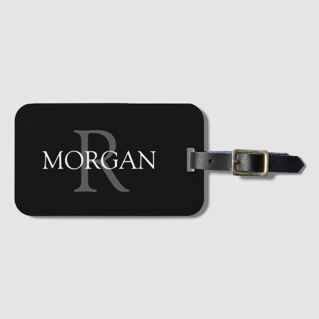 Étiquette À Bagage Monogramme & nom DIY, classique noir avec texte gr (Devant Horizontal)