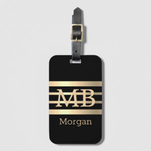 Étiquette À Bagage Monogramme/Nom en 3D Or DIY, Rayures Bk/Or, Noir