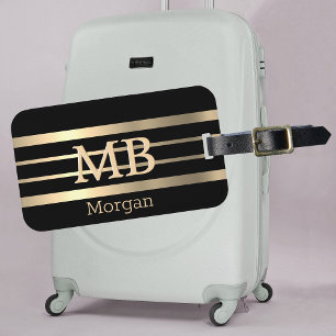 Étiquette À Bagage Monogramme/Nom en 3D Or DIY, Rayures Bk/Or, Noir