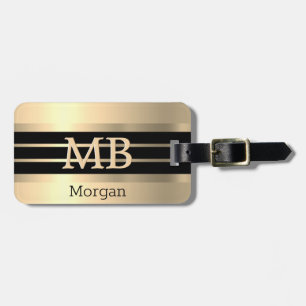 Étiquette À Bagage Monogramme/ Nom en Or, Rayures Noires et Or sur fo
