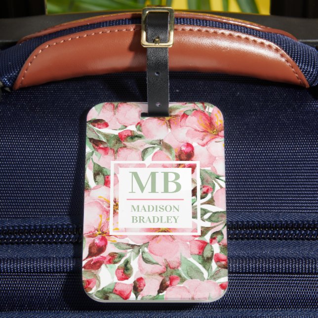 Étiquette À Bagage Monogramme Nom Fleur de Cerisier Aquarelle Floral (Insitu Rectoal 2)