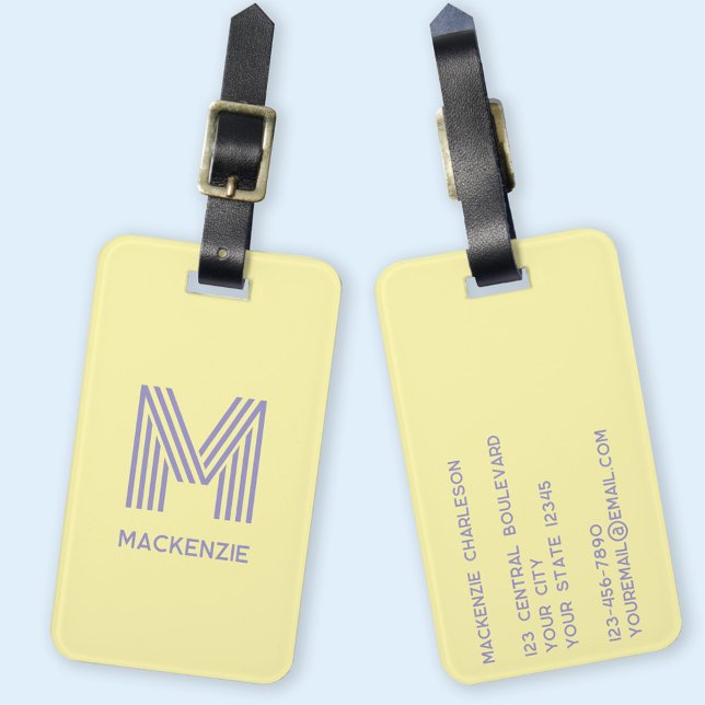 Étiquette À Bagage Monogramme Nom initial Beurre simple Lilac jaune (Modern striped monogram initial custom name personalized luggage tag)