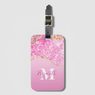Étiquette À Bagage Monogramme Nom Initial Rose Or Paillettes Glam