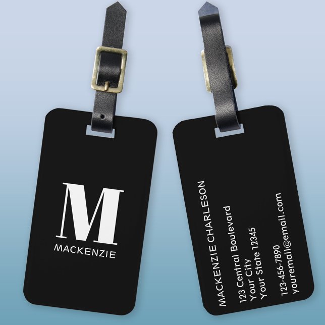 Étiquette À Bagage Monogramme Nom initial Simple (Simple monogram name personalized black and white luggage tag)