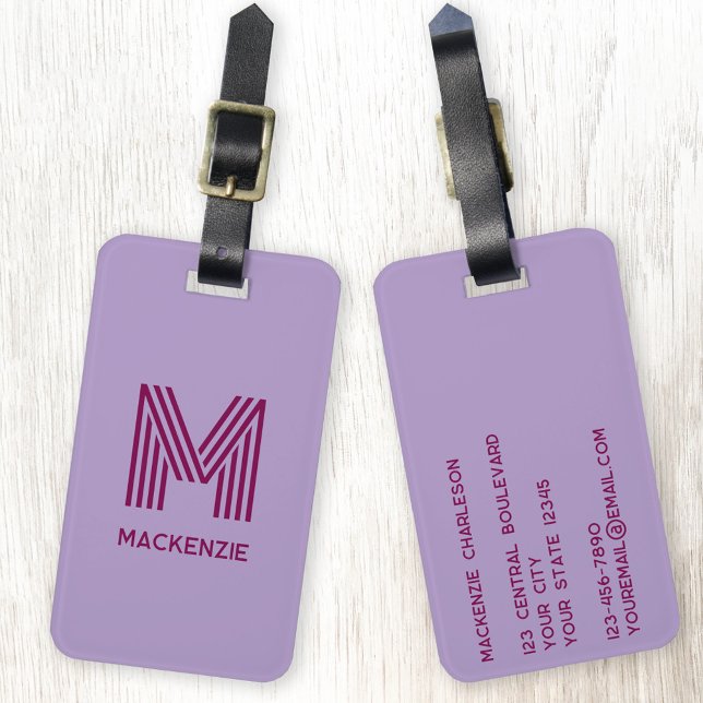 Étiquette À Bagage Monogramme Nom initial Simple Lilac Cherry rose (Modern striped monogram initial custom name personalized luggage tag)