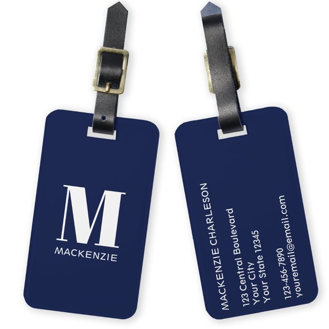 Étiquette À Bagage Monogramme Nom initial Simple Navy Blue (Monogram initial custom name modern personalized minimalist luggage tag)