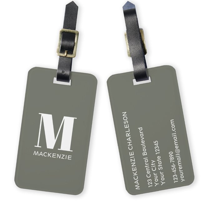 Étiquette À Bagage Monogramme Nom initial Simple Sage Green (Monogram initial custom name modern personalized minimalist luggage tag
)