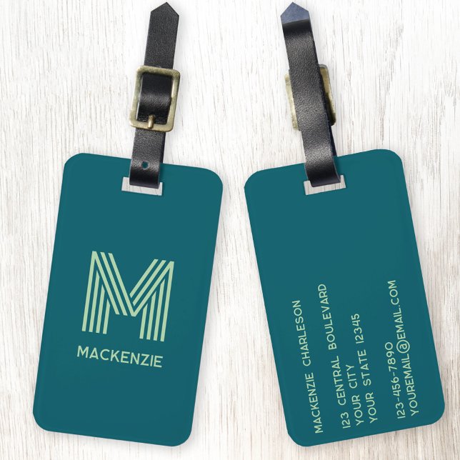 Étiquette À Bagage Monogramme Nom initial Simple Turquoise Pistachio  (Modern striped monogram initial custom name personalized luggage tag)