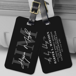 Étiquette À Bagage Monogramme Nom Noir Blanc