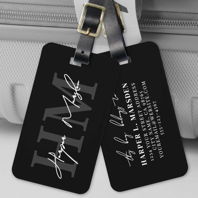 Étiquette À Bagage Monogramme Nom Noir Blanc (Black White Elegant Monogram Name Luggage Tag)