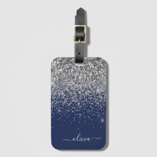 Étiquette À Bagage Monogramme Nom Paillettes Bleu Marine Argenté Fémi