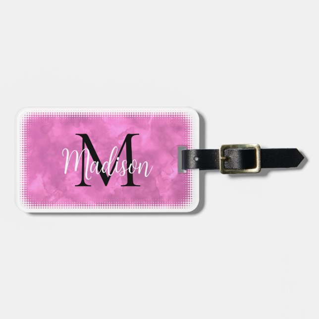 Étiquette À Bagage Monogramme Nom personnalisé initial Aquarelle rose (Devant horizontal)