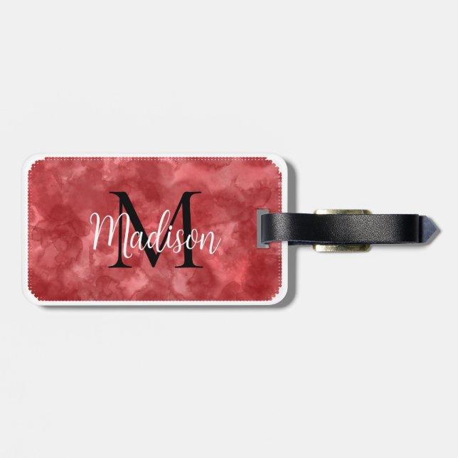 Étiquette À Bagage Monogramme Nom personnalisé initial Aquarelle roug (Dos horizontal)