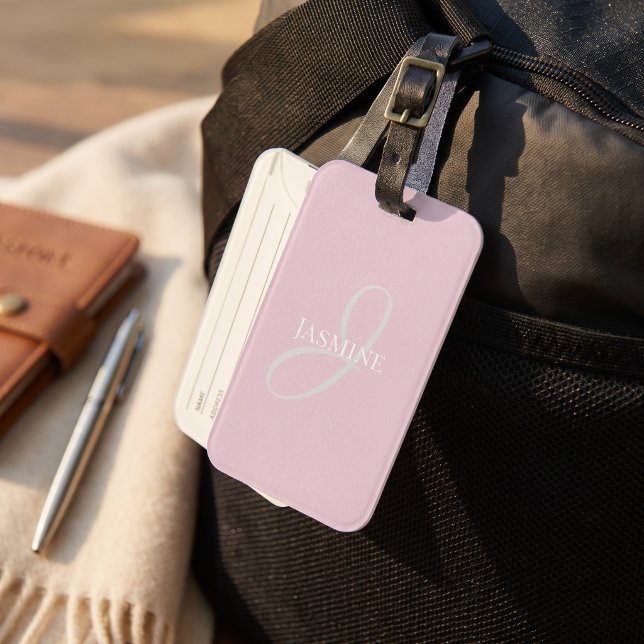 Étiquette À Bagage Monogramme Nom Rose Clair Blanc Élégant Féminin  (Créateur téléchargé)