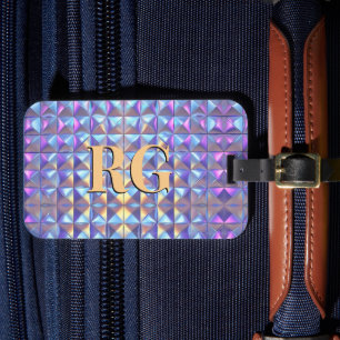 Étiquette À Bagage Monogramme, or, bleu et violet Iridescente géométr
