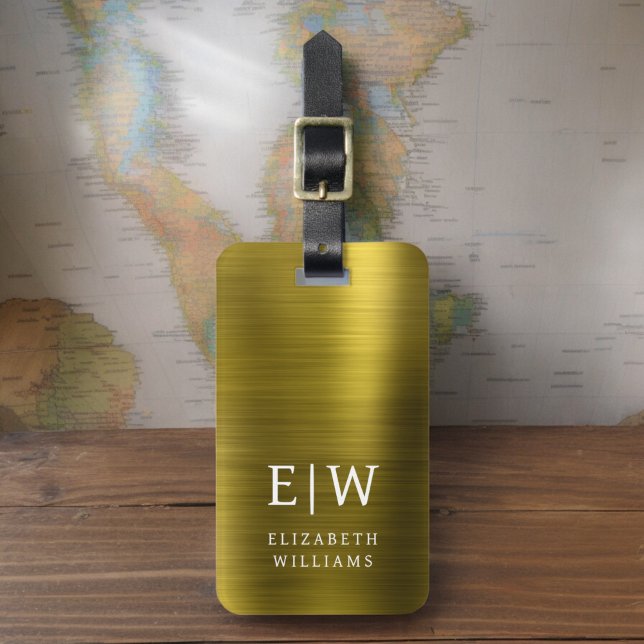 Étiquette À Bagage Monogramme Or brossé métal élégant (Créateur téléchargé)