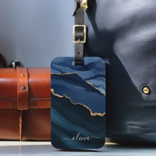 Étiquette À Bagage Monogramme Or en Géode d'Agate Bleu Marine