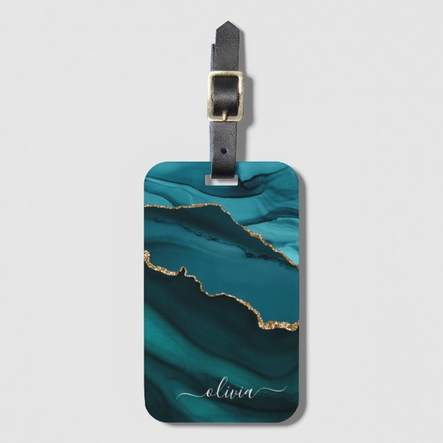 Étiquette À Bagage Monogramme Or en Géode d'Agate Bleu Vert Aqua (Devant Vertical)