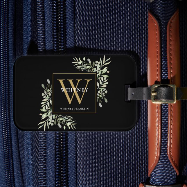 Étiquette À Bagage Monogramme Or Moderne Noir et Vert (Insitu Rectoal 4)