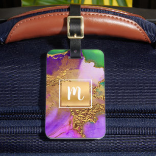Étiquette À Bagage Monogramme or violet vert aqua agate abstrait
