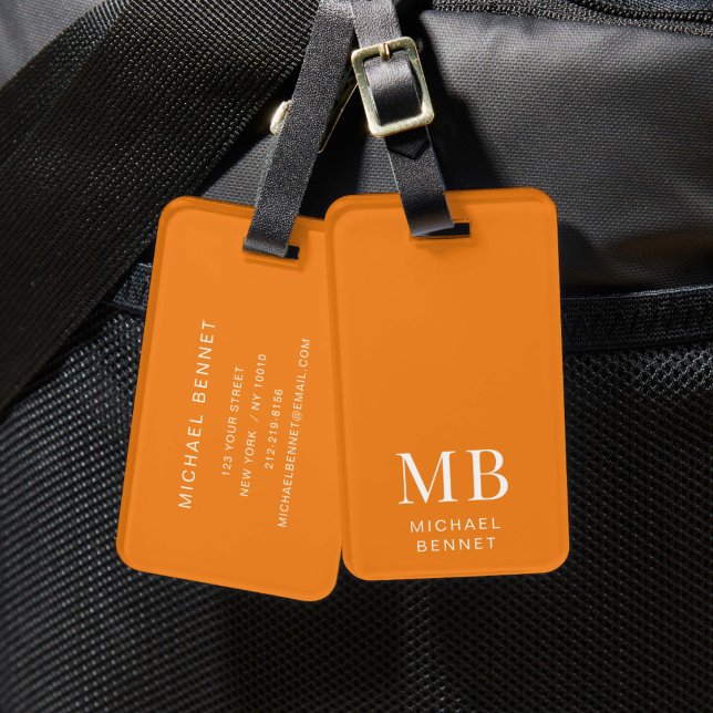 Étiquette À Bagage Monogramme Orange Moderne (Modern Orange Monogram Luggage Tag)