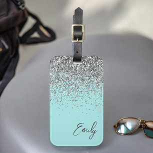 Étiquette À Bagage Monogramme Pailleté Argent Bleu Aqua