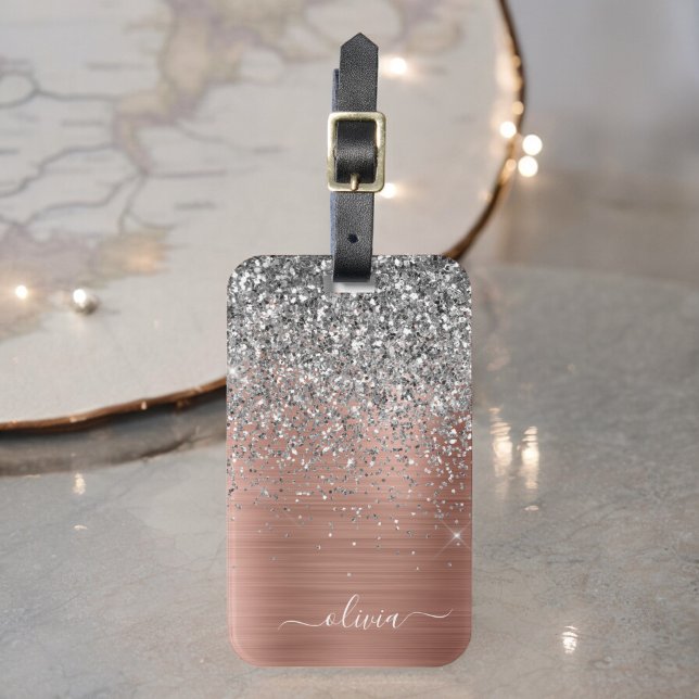 Étiquette À Bagage Monogramme Pailleté Argent Or Rose Métal Brossé (Créateur téléchargé)