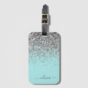 Étiquette À Bagage Monogramme Pailleté Féminin Bleu Aqua Argenté