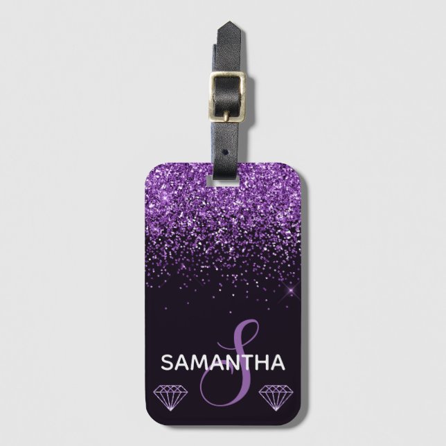 Étiquette À Bagage Monogramme Paillettes et Diamants Brillance Violet (Devant Vertical)